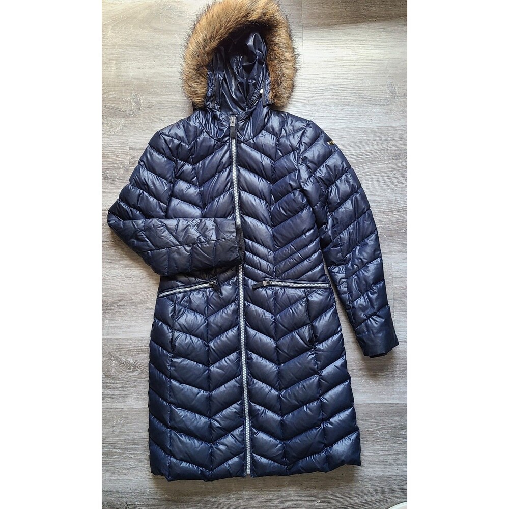 Marc New York Andrew Marc Womens Small Down Puffer Coat Navy Blue Hooded Faux Fu